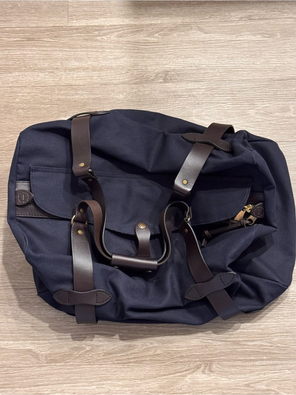 Filson Navy Rugged Twill Medium Duffel with Dark Brown Leather Straps